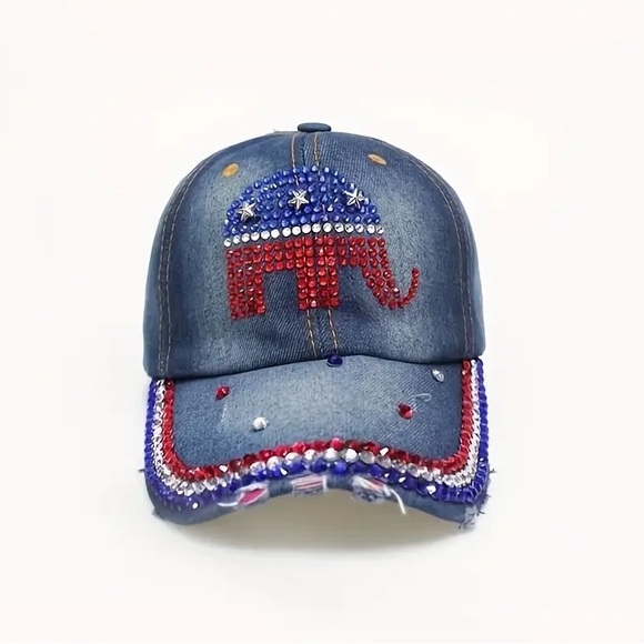 🇺🇸Stylish Blingy Slightly Distressed Rhinestone Republican Elephant Denim Cap! - Picture 5 of 6